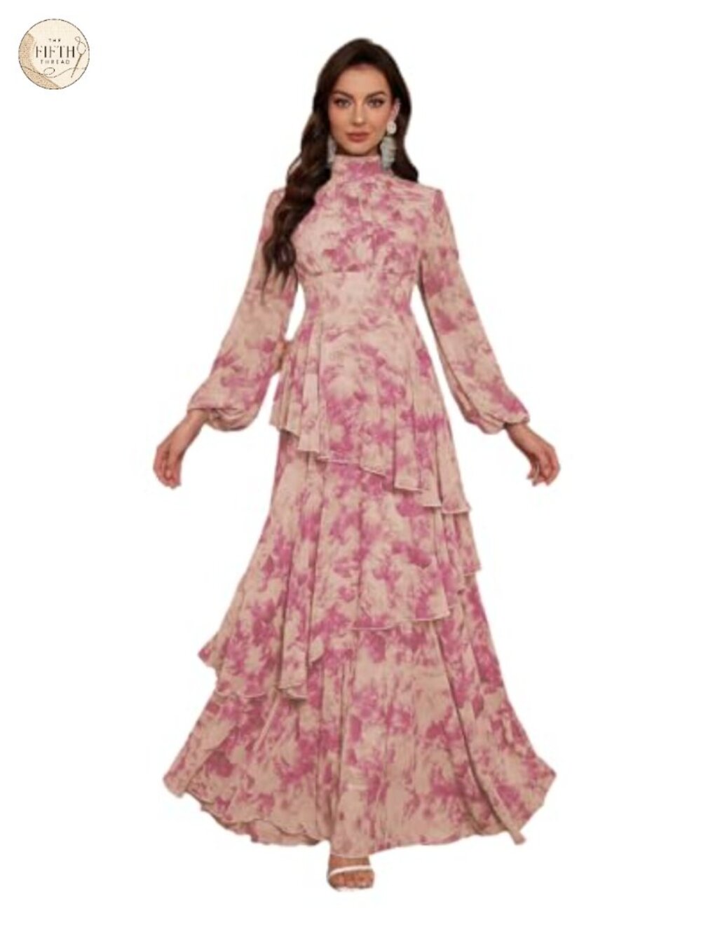 Boho Maxi Dress Ruffle Long Sleeve Tiered Hem High Waist